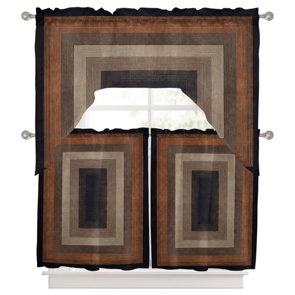 Abstract Geometric Swag Valance and Tier Set of 3, Black and Brown Wood Grain Texture Border Swag Curtains Valances for Small Window Treatment Rod Pocket for Kitchen Bathroom 56x36in+27.5x24*2