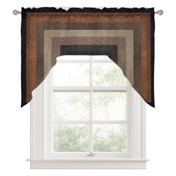 Abstract Geometric Swag Valance for Windows, Black and Brown Wood Grain Texture Border Swag Curtains Valances for Small Window Treatment Rod Pocket for Kitchen Bathroom 1 Panel 56x36in