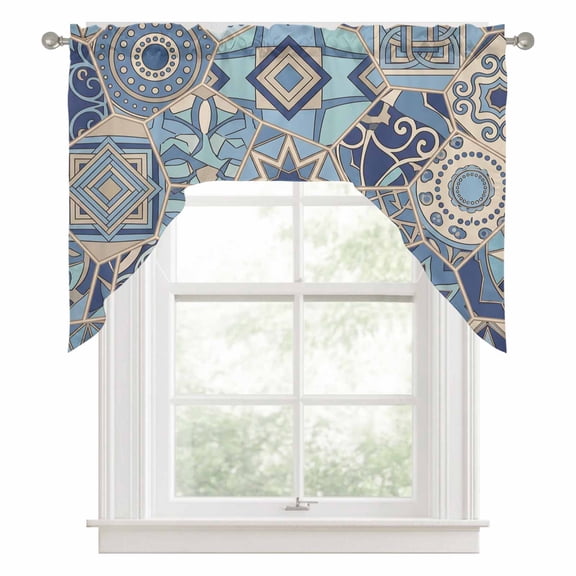 Abstract Geometric Swag Valance for Windows, Blue Yellow Flower Polygon Patchwork Art Swag Curtains Valances for Small Window Treatment Rod Pocket for Kitchen Bathroom 1 Panel 56x36in