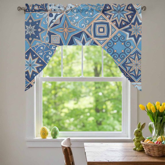 Abstract Geometric Swag Valances for Kitchen Window, Blue Yellow Flower Checkered Patchwork Small Swag Valances Rod Pocket Curtain Drapes Window Treatment for Bedroom Bathroom, 56x36 Inch