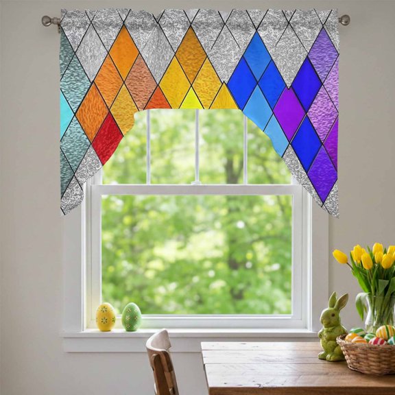 Abstract Geometric Swag Valances for Kitchen Window, Modern Gradient Argyle Glass Colored Blocks Small Swag Valances Rod Pocket Curtain Drapes Window Treatment for Bedroom Bathroom, 56x36 Inch