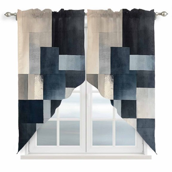Abstract Geometric Swag Valances for Windows 2 Pack Distressed Blue Black Grey Color Block Modern Swag Kitchen Curtains 36 Inches Long Rod Pocket Short Window Treatment for Kitchen Bathroom 28"x36"