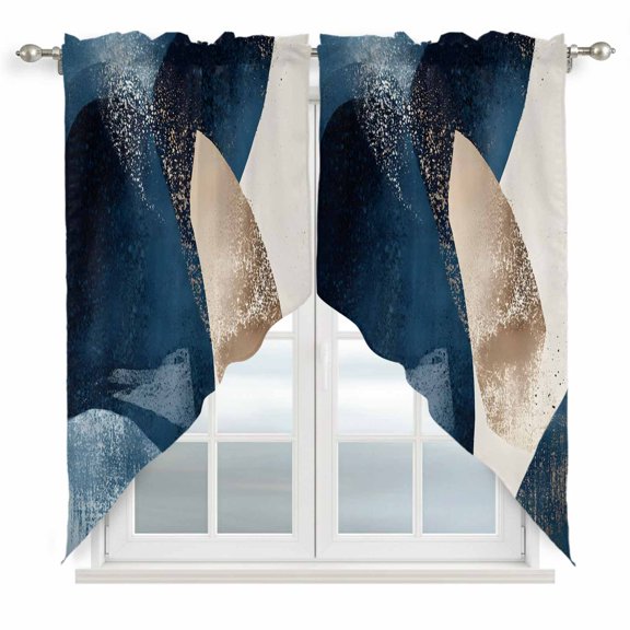 Abstract Geometric Swag Valances for Windows 2 Pack Dynamic Deep Blue Gold Art Swag Kitchen Curtains 36 Inches Long Rod Pocket Short Window Treatment for Kitchen Bathroom 28"x36"