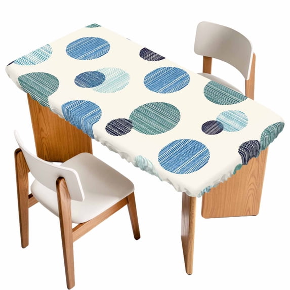 Abstract Geometric Table Cloths for 4 Foot Rectangle Tables, Farmhouse Vintage Polka Dot Teal Blue Patio Waterproof Elastic Fitted Tablecloths, Washable Rectangular Table Cover for Camping
