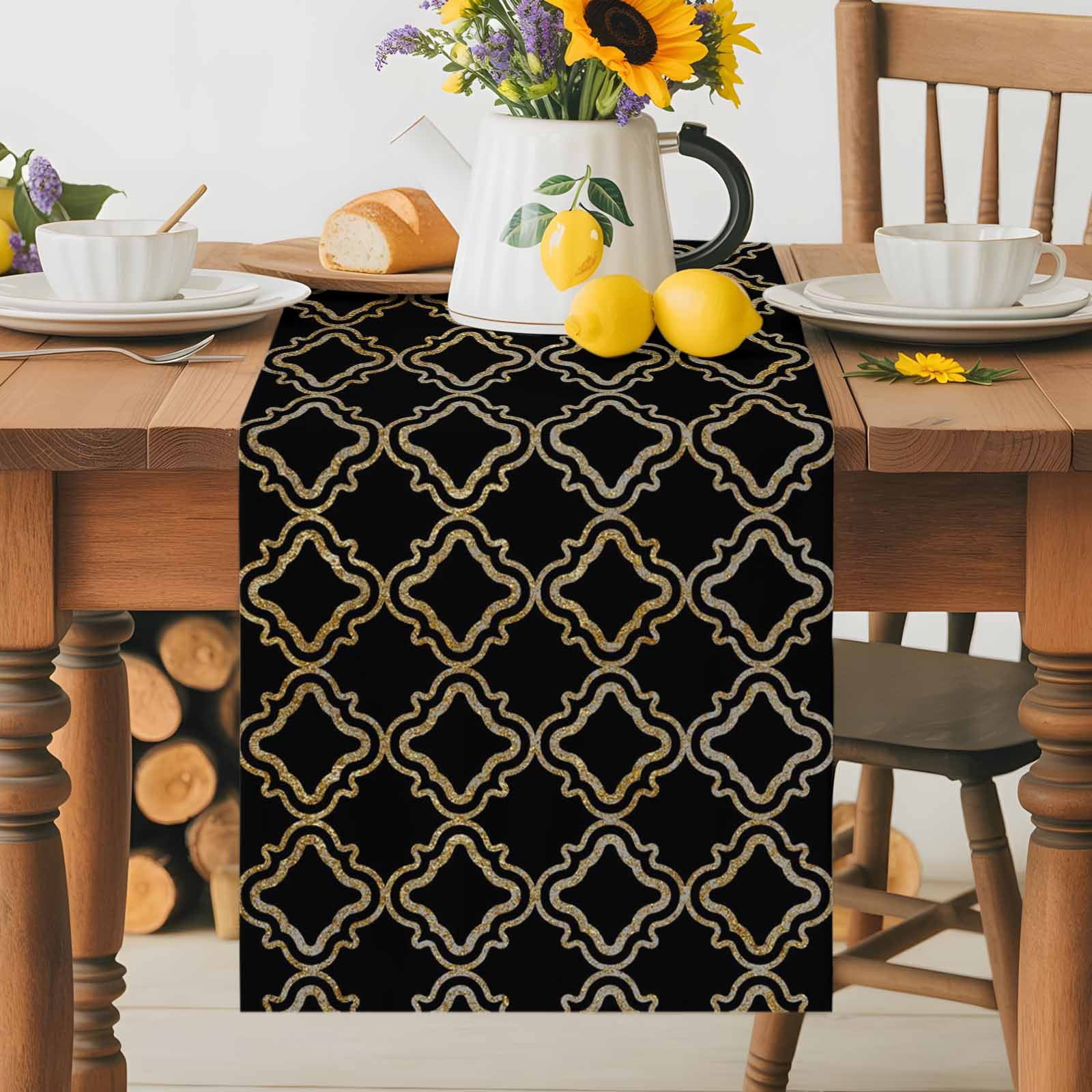 Abstract Geometric Table Runner 18x72 Inch Modern Gold and Black Retro Plaid Texture Cotton Linen Dining Table Runner Ideal for Dresser Kitchen Coffee Tables - Machine Washable