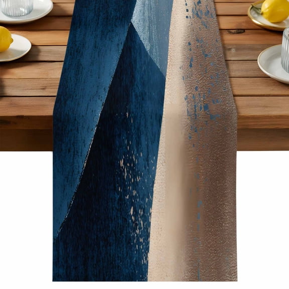 Abstract Geometric Table Runner, Dynamic Blue Gold Beige Art Cotton Linen Table Cloth, Tablerunner for Kitchen Dining Party Wedding Home Decor 13x36 Inch