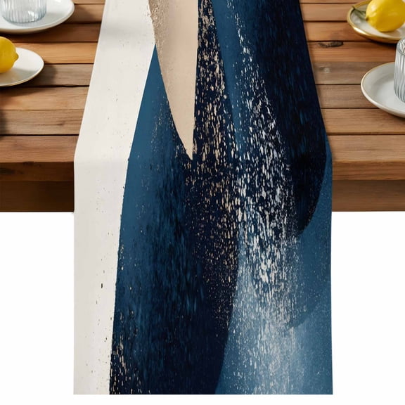 Abstract Geometric Table Runner, Dynamic Deep Blue Gold Art Cotton Linen Table Cloth, Tablerunner for Kitchen Dining Party Wedding Home Decor 13x36 Inch