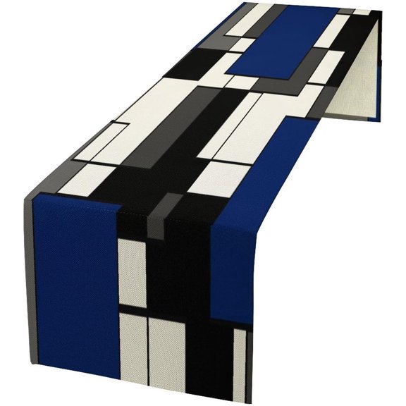 Abstract Geometric Table Runner Navy Blue Black Gray and White Geometry Squares 3D Fashion Kitchen Dinner Runner for Indoor Home Living Room Party Dining Table Decoration 13"x120"