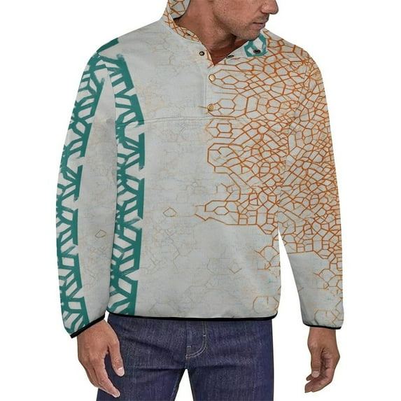 Abstract Geometric Teal Orange Design Men's Stand Collar Sweater Long Sleeve Clothing Loose Fit Sports Sweater
