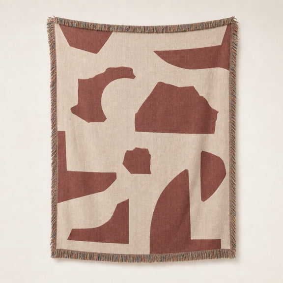 Abstract Geometric Terracotta and Cream Woven Throw Blanket, Cotton with Fringed Edges, Modern Decor for Living Room