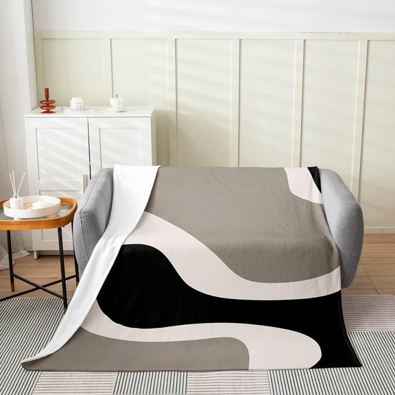 Abstract Geometric Throw Blanket Soft Fleece Couch Blanket for Living Room Modern Black Grey and White Bed Blanket