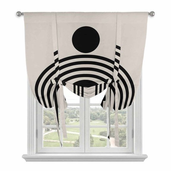 Abstract Geometric Tie Up Balloon Window Curtain 42W x 54L Inch, Mid Century Minimalist Black Line Beige Rod Pocket Adjustable Tie Up Curtains Small Kitchen Sink Curtains for Cafe Bedroom