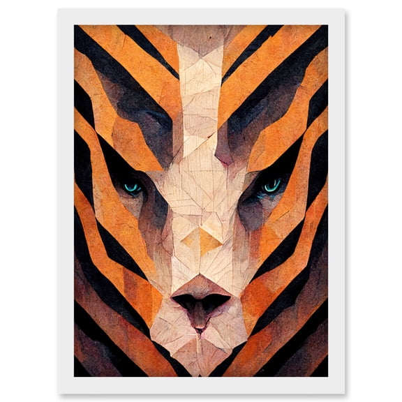Abstract Geometric Tiger Head Symmetrical Artwork Framed Wall Art Print A4