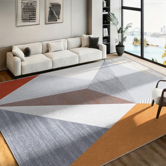 Abstract Geometric Triangle Area Rug, Gray White Orange Patchwork Design, Washable Non Slip Soft Low Pile Carpet, for Living Room Bedroom Dining Room Home Office Decor 1x2ft