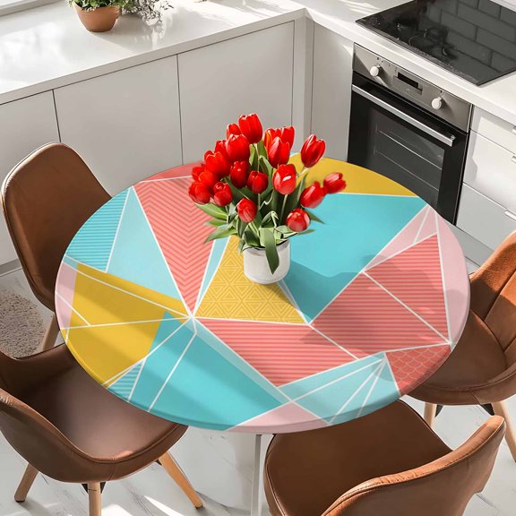 Abstract Geometric Triangle Round Fitted Tablecloth with Elastic Edge,Waterproof Table Cloth Fits Tables Up to 36"-44",Wipeable Washable Table Cover for Indoor Outdoor Dinning Party,Modern Aesthetic