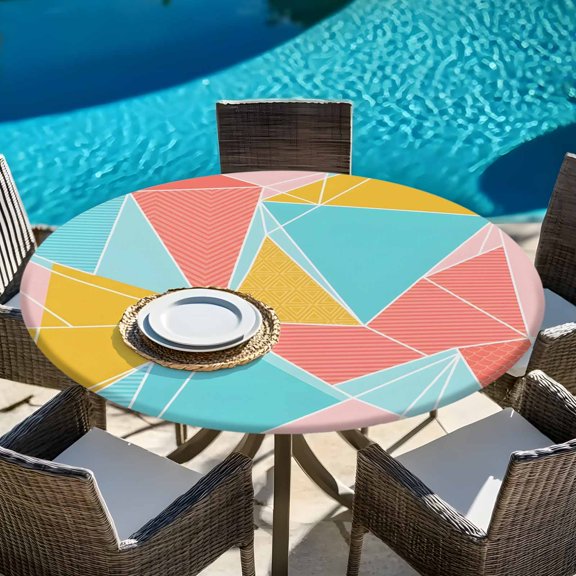 Abstract Geometric Triangle Round Fitted Tablecloth with Elastic Edge,Waterproof Table Cloth Fits Tables Up to 45"-54",Wipeable Washable Table Cover for Indoor Outdoor Dinning Party,Modern Aesthetic