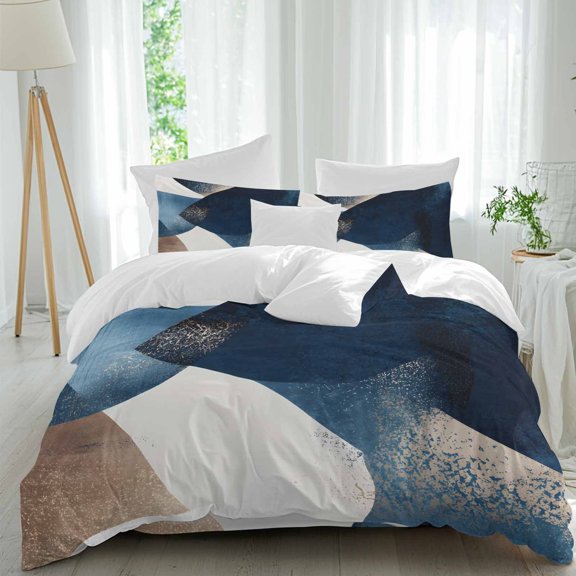 Abstract Geometric Twin Duvet Cover Set, Dynamic Blue Gold Art 4 Piece Microfiber Bedding Set with Zipper Closure, Bed Sheet and 2 Pillow Shams, Soft Bedding Cover