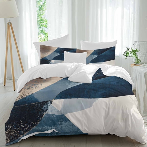 Abstract Geometric Twin Duvet Cover Set, Dynamic Blue Gold Beige Art 4 Piece Microfiber Bedding Set with Zipper Closure, Bed Sheet and 2 Pillow Shams, Soft Bedding Cover