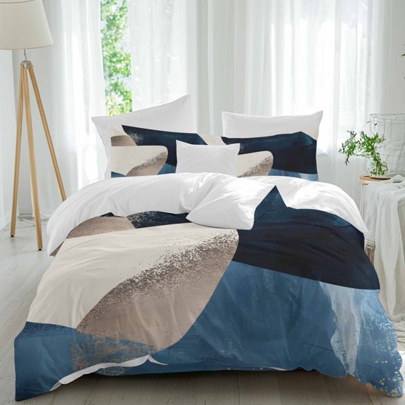 Abstract Geometric Twin Duvet Cover Set, Dynamic Gold Deep Blue Art 4 Piece Microfiber Bedding Set with Zipper Closure, Bed Sheet and 2 Pillow Shams, Soft Bedding Cover