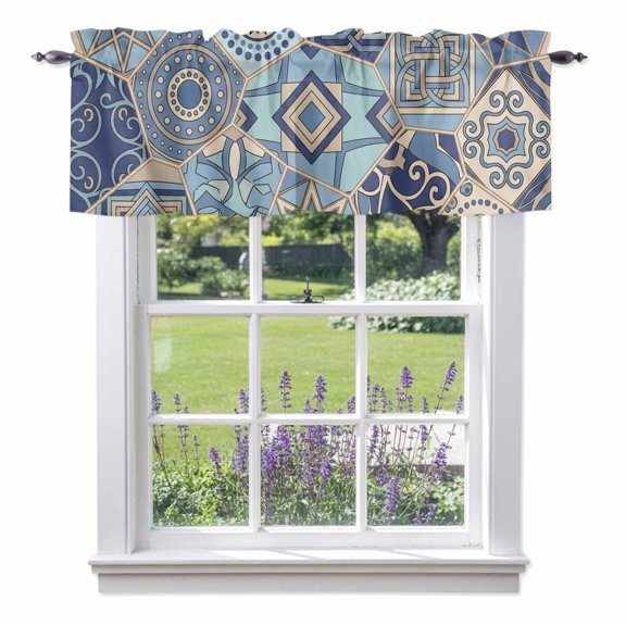 Abstract Geometric Valance Curtain Blue Yellow Flower Polygon Patchwork Art Window Valances Rod Pocket Short Curtains Window Treatments for Kitchen Bedroom Bathroom Laundry 42" x 12"