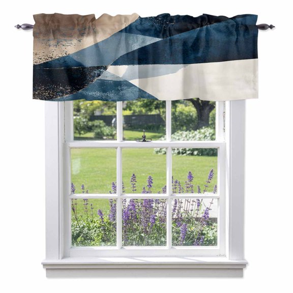 Abstract Geometric Valance Curtain Dynamic Blue Gold Beige Art Window Valances Rod Pocket Short Curtains Window Treatments for Kitchen Bedroom Bathroom Laundry 42" x 12"