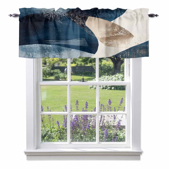 Abstract Geometric Valance Curtain Dynamic Deep Blue Gold Art Window Valances Rod Pocket Short Curtains Window Treatments for Kitchen Bedroom Bathroom Laundry 42" x 12"