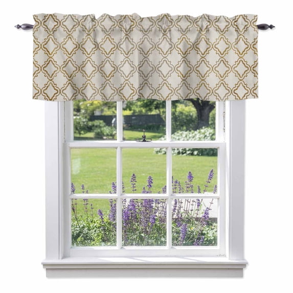 Abstract Geometric Valance Curtain Modern Gold and Beige Retro Plaid Texture Window Valances Rod Pocket Short Curtains Window Treatments for Kitchen Bedroom Bathroom Laundry 54" x 18"