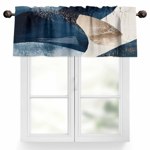 Abstract Geometric Valances for Windows, 42 x 12in, Dynamic Deep Blue Gold Art Rod Pocket Kitchen Valance Curtain Light Filtering Window Treatments for Living Room Bedroom, 1 Panel