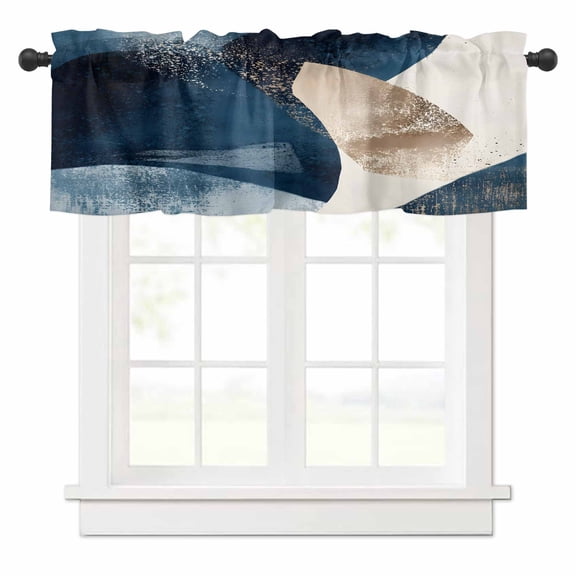 Abstract Geometric Valances for Windows Dynamic Deep Blue Gold Art Rod Pocket Curtain Valance Window Treatment Short Curtains for Kitchen Living Room, 42"x12"