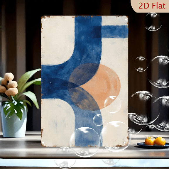 Abstract Geometric Wall Art 8x12 Inches, Bold Blue and Terracotta Metal Print with Textured Off-White Background, Modern Rhythmic Painting for Living Room Decor