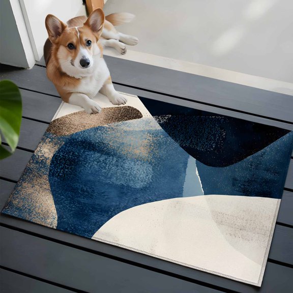 Abstract Geometric Washable Area Rug 2x3 111 Blue Gold Black Dynamic Texture Low-Profile Area Rugs with Non Slip Backing Indoor Floor Carpet for Entrance Living Room Bedroom Home Office