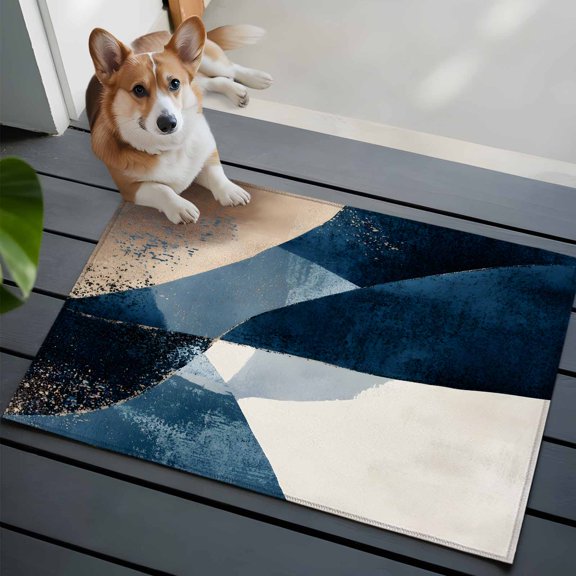 Abstract Geometric Washable Area Rug 2x3 111 Dynamic Blue Gold Beige Art Low-Profile Area Rugs with Non Slip Backing Indoor Floor Carpet for Entrance Living Room Bedroom Home Office