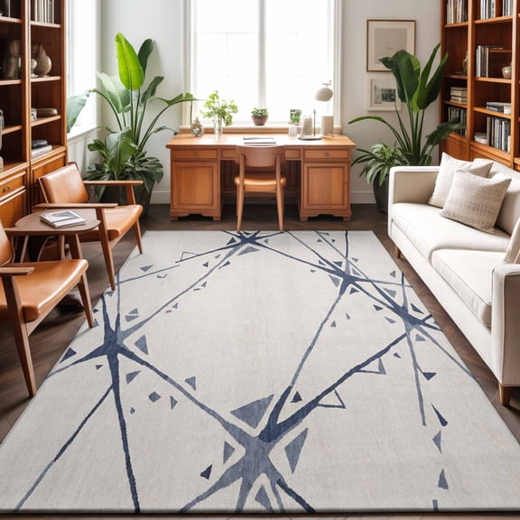 Abstract Geometric Washable Area Rug 9 x 12 ft Navy Blue Splatter Lines Fragmented Crystal Style, Soft Non Slip Rugs Stain Repellent Indoor Felt Carpet for Living Dining Room Bedroom Home Office
