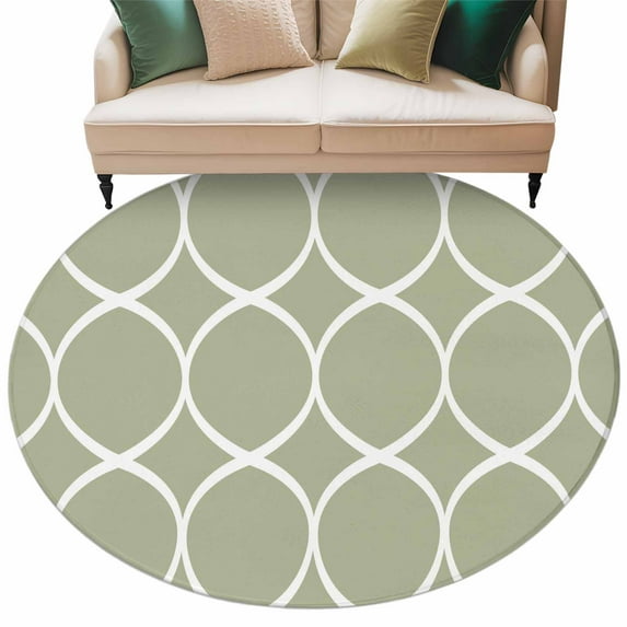 Abstract Geometric Washable Area Rug 5 ft White Twisted Lines Green Background Soft Round Rugs for Living Room, Non Slip Carpet for Bedroom Entryway Dining Room
