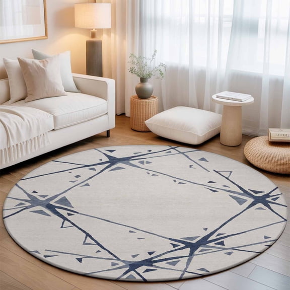 Abstract Geometric Washable Round Area Rug 3 ft, Navy Blue Splatter Lines Fragmented Crystal Style, Soft Non Slip Rugs Stain Repellent Indoor Felt Carpet for Living Dining Room Bedroom Home Office