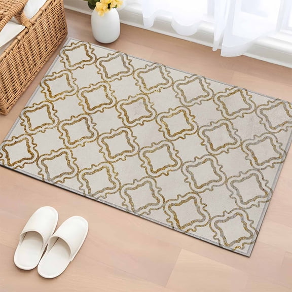 Abstract Geometric Washable Small Entryway Area Rugs 2'x3', Modern Gold and Beige Retro Plaid Texture Low Pile Throw Rug Non-Slip Sturdy Edge Binding Carpet for Front Door Floor Room Entry