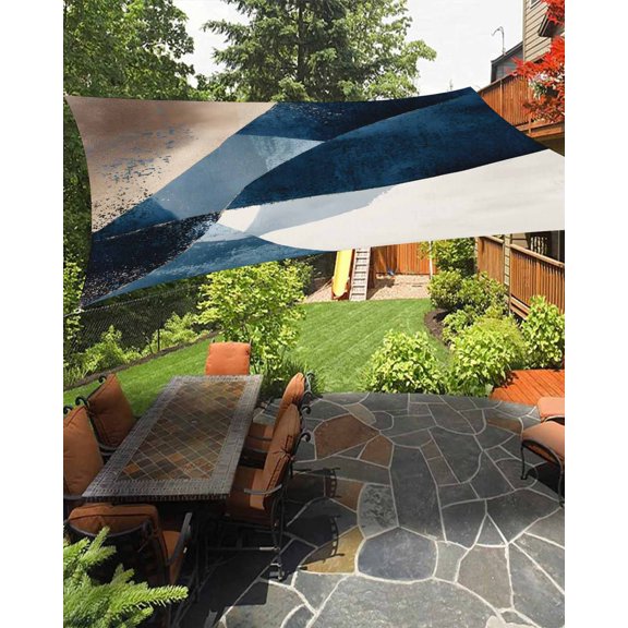 Abstract Geometric Waterproof Sun Shade Sail Dynamic Blue Gold Beige Art Outdoor Patio Sun Shades Canopy UV Block Waterproof Sunshade for Garden Backyard Deck Pergola 8x10 Ft