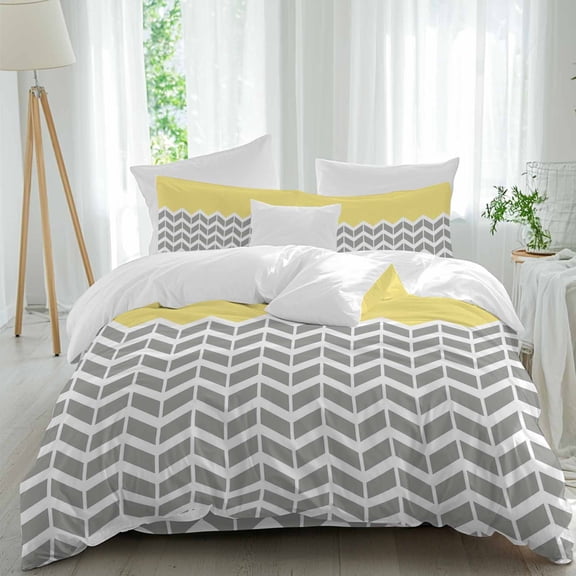 Abstract Geometric White Arrow Lines Chevron Full Size Bed Set,Yellow Bedding for All Seasons,4 Pcs Bed Set,1 Quiltcover(86"x86"),1 Sheet(80"x116"),2 Pillowcases(30"x20")