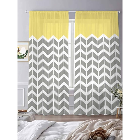 Abstract Geometric White Arrow Lines Chevron Sheer Curtains 2 Panels Set Yellow Lihgt Filtering Rod Pocket Voile Drape,Semi Sheer Window Curtains for Bedroom Living Room,52"x84"