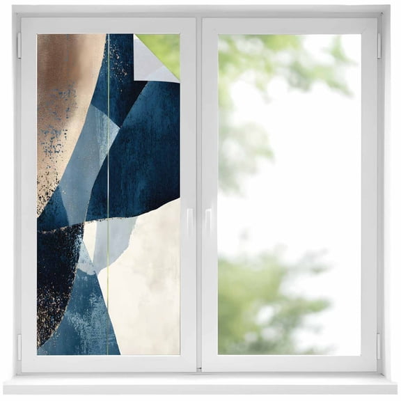 Abstract Geometric Window Privacy Film Dynamic Blue Gold Beige Art Decorative Glass Window Film UV Blocking Static Cling Non-Adhesive Sticker Covering for Home Door 19.6 x 39.3 inches
