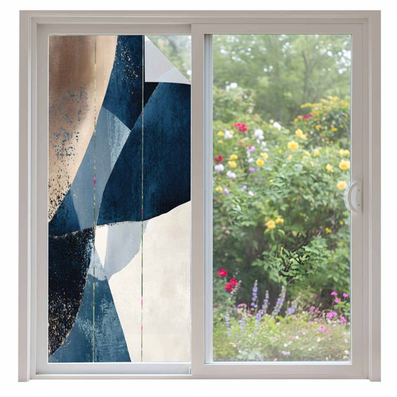 Abstract Geometric Window Privacy Film Dynamic Blue Gold Beige Art Decorative Glass Window Film UV Blocking Static Cling Non-Adhesive Sticker Covering for Home Door 35.4x78.7 inches