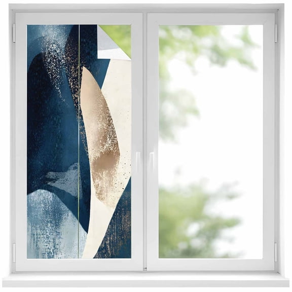 Abstract Geometric Window Privacy Film Dynamic Deep Blue Gold Art Decorative Glass Window Film UV Blocking Static Cling Non-Adhesive Sticker Covering for Home Door 19.6 x 39.3 inches