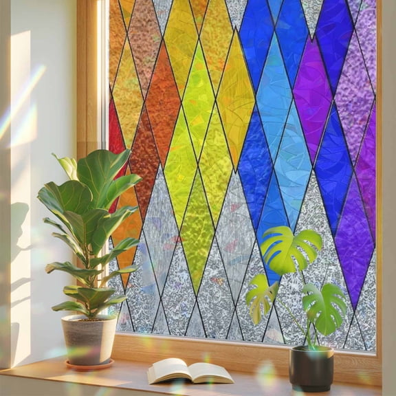 Abstract Geometric Window Privacy Film, Modern Gradient Argyle Glass Colored Blocks Stained Glass Rainbow Film Decorative Window Clings, Static Cling Sun Blocking Stickers 17.7" x 39.3"