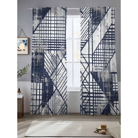 Abstract Geometric Window Sheer Curtain Navy Blue Intersecting Lines Grids Modern Semi Curtain Sheers Light Filtering Rod Pocket Voile Drapes for Bedroom Kitchen Living Room 52 X 108 Inch, 2 Panels