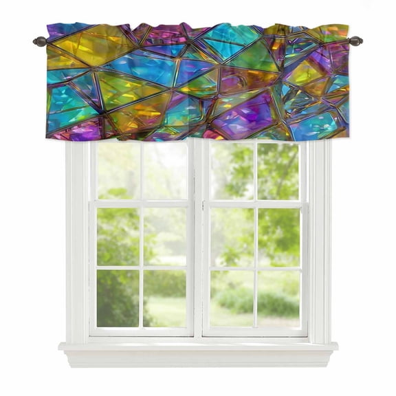 Abstract Geometric Window Valance for Kitchen, Rainbow Gradient Crystal Color Blocks Modern Rod Pocket Short Curtain for Small Windows, Light Filtering Decorative Valance, 42 x 18 Inch, 1 Panel