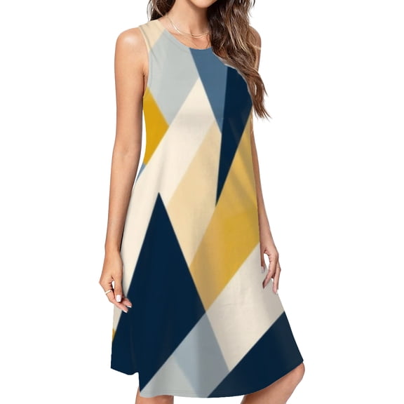 Abstract Geometric Yellow Blue Art Casual Sleeveless Loose Sundress Dress For Women Summer Dress Daily Woman