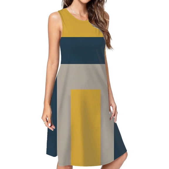 Abstract Geometric Yellow Gray Navy Casual Sleeveless Loose Sundress Dress For Women Summer Dress Daily Woman