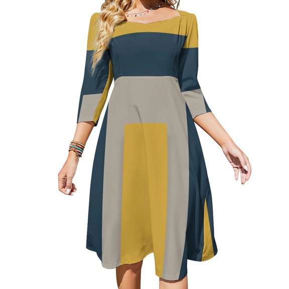 Abstract Geometric Yellow Gray Navy Womens Summer Dress Tie Back A Line Flare Dress