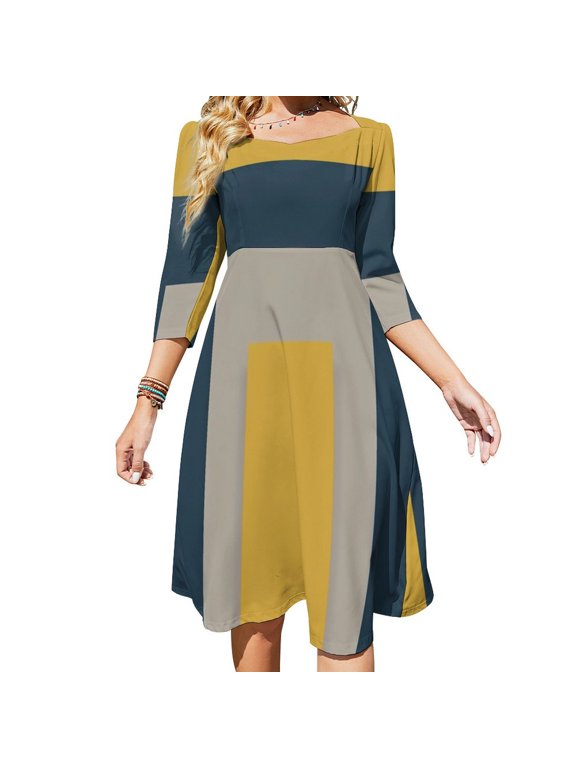 Abstract Geometric Yellow Gray Navy Womens Summer Dress Tie Back A Line Flare Dress