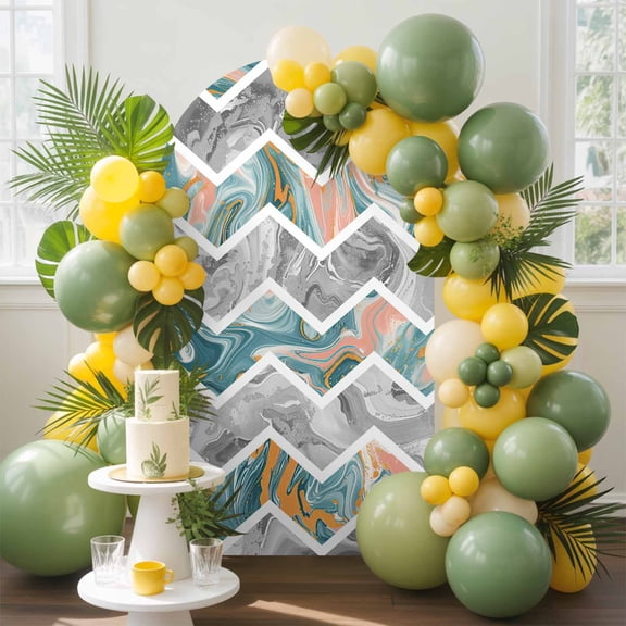 Abstract Geometric Zigzag Chevron Arch Backdrop Cover Stretchy Spandex Arch Cover 6ft, Modern Marble Texture Round Top Chiara Stand Covers for Wedding Birthday Party Ceremony Banquet